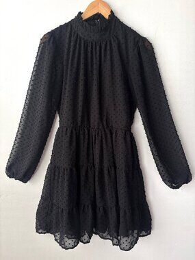 Trixxi Black Sheer Clip Dot Dress Medium M High Neck Tiered Ruffle Mini Goth